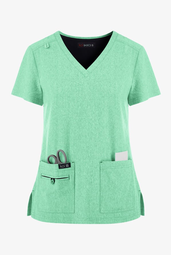 koi Basics Becca Women's 4-Pocket STRETCH V-Neck Scrub Top - Heather Jelly Mint - 1