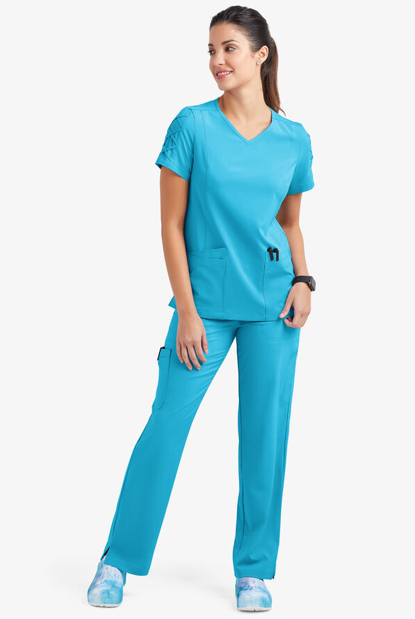 Easy STRETCH Kylie Woman's 5 Pocket V-Neck With Criss-Cross Detail Scrub Top - Turquoise - 2