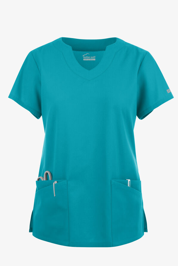 Blusa médica Butter-Soft Originals con cuello festoneado y 6 bolsillos para mujer - Teal - 1