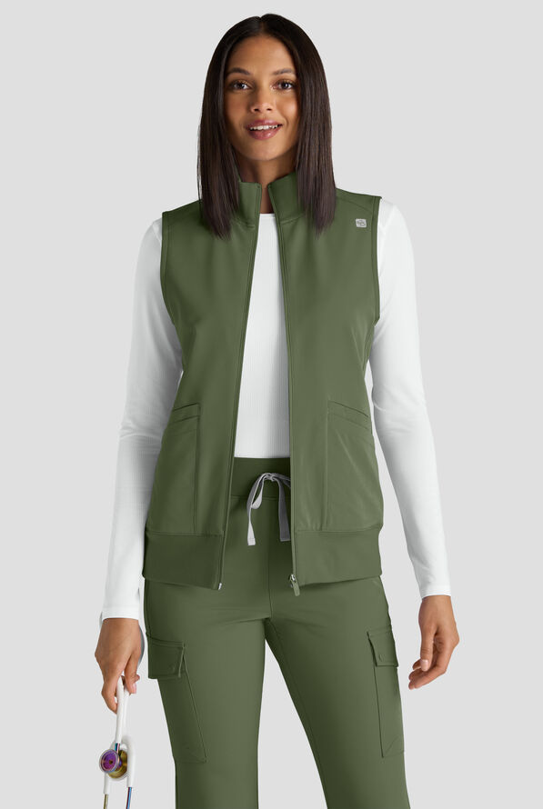 ReSurge Ebro Women's 6-Pocket Zip Front Stand Scrub Vest - Light Olive - 2