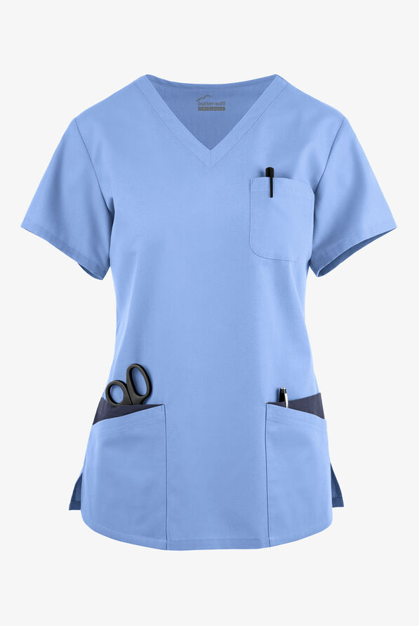 Blusa médica Butter-Soft Originals con cuello en V redondeado y 7 bolsillos para mujer - Ceil/Navy - 1