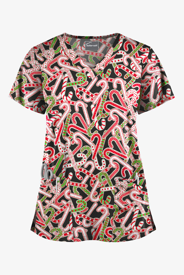 Butter-Soft Noel Candy Canes Women's 4-Pocket Rounded V-Neck Print Scrub Top - null - 1