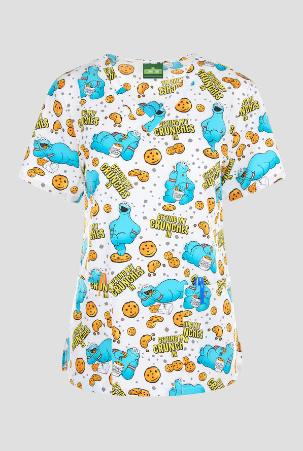 Tooniforms Cookie Monster Crunches Women's 2-Pocket STRETCH V-Neck Print Scrub Top - null - 1