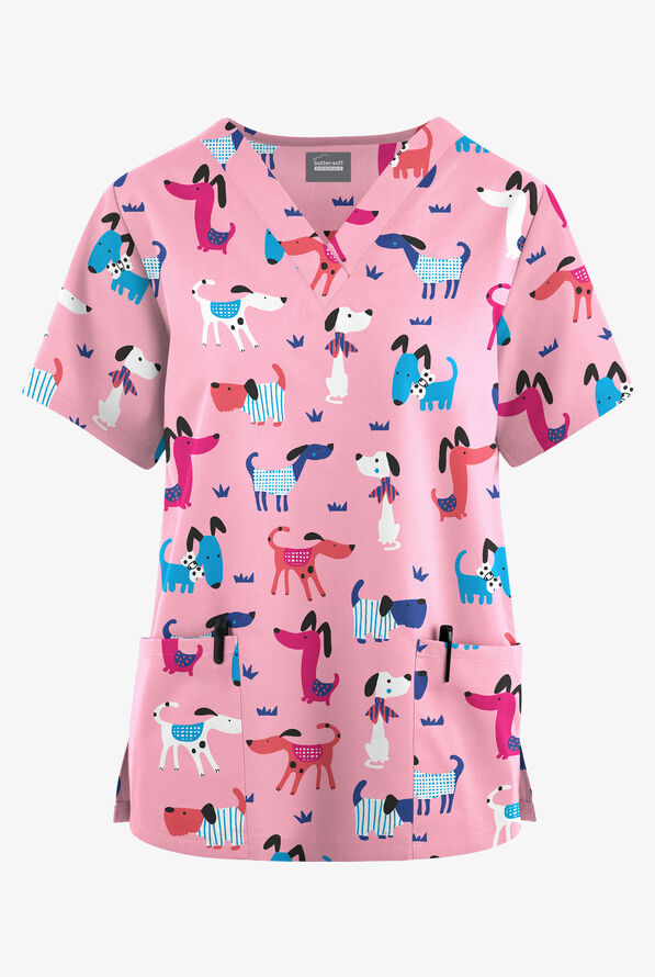 Butter-Soft Originals Day At The Park Blush Women's 2-Pocket V-Neck Print Scrub Top - null - 1
