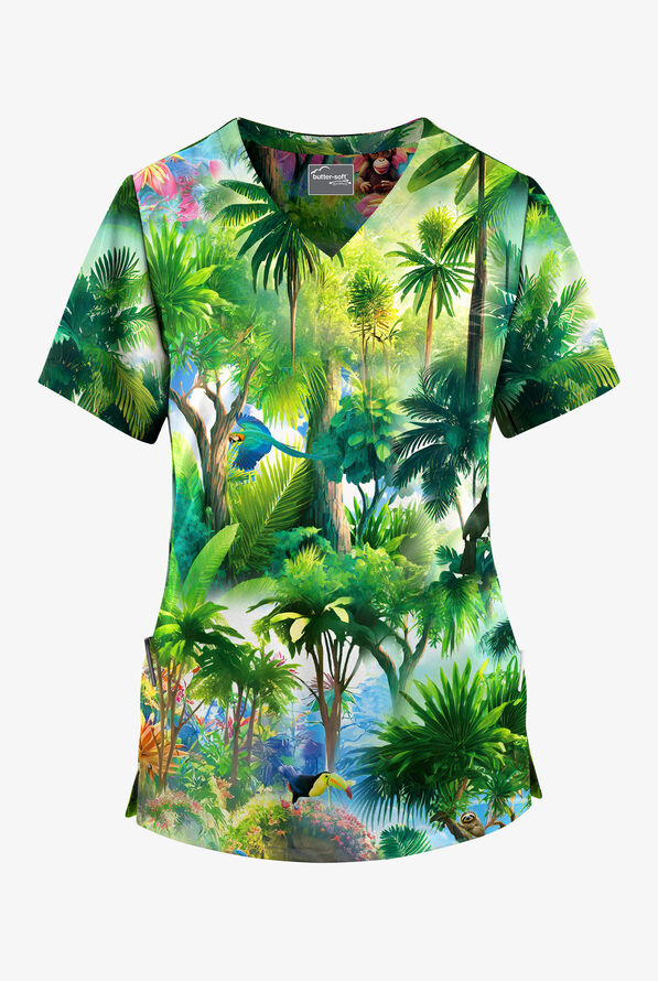Butter-Soft STRETCH Jungle Friends Hunter Women's 2-Pocket V-Neck Print Scrub Top - null - 1