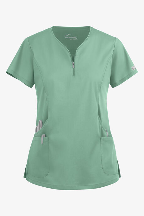 Butter-Soft STRETCH Women's 4-Pocket Curved Neck Zipper Scrub Top