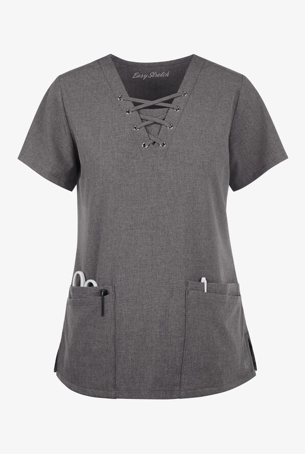Easy STRETCH Gisele Women's 4-Pocket Lace Up V-Neck Scrub Top - Graphite Heather - 1