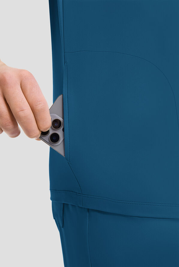 Cherokee Achieve Men's 3-Pocket STRETCH Relaxed V-Neck Knit Scrub Top - Caribbean Blue - 3