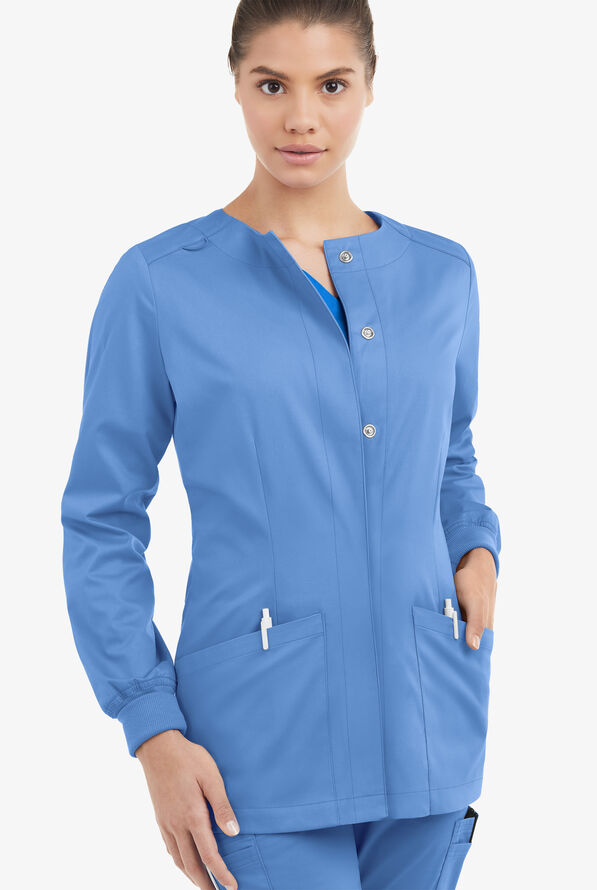 Butter-Soft STRETCH Women's 2-Pocket Long Sleeve Snap Front Scrub Jacket - Ceil Blue - 2