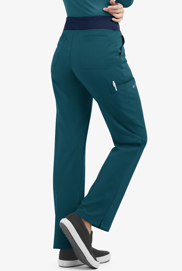 Easy STRETCH Sienna Women's 5-Pocket Sport Yoga Scrub Pants - Petite - Caribbean Blue/Navy - 2
