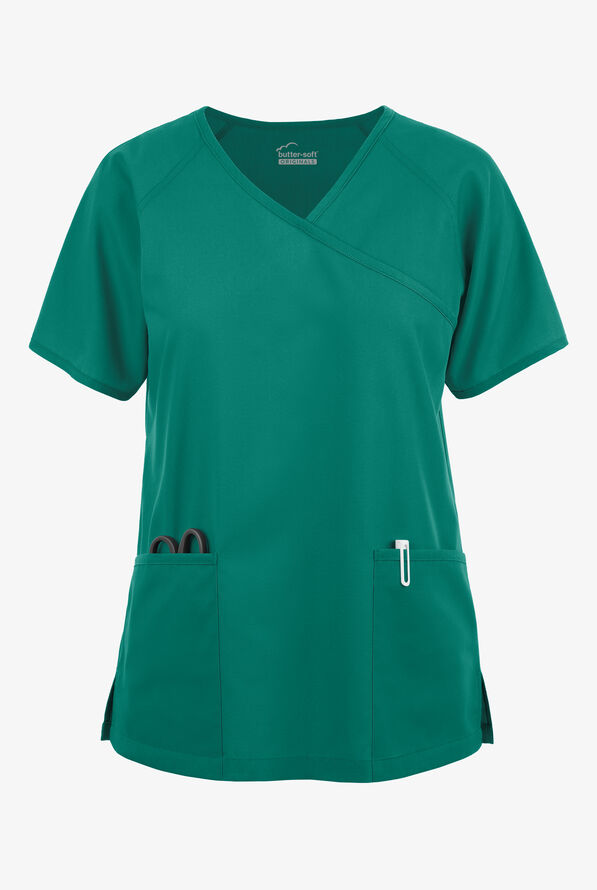 Butter-Soft Originals Women's 3-Pocket Mock Wrap Raglan Sleeve Scrub Top - Hunter - 1