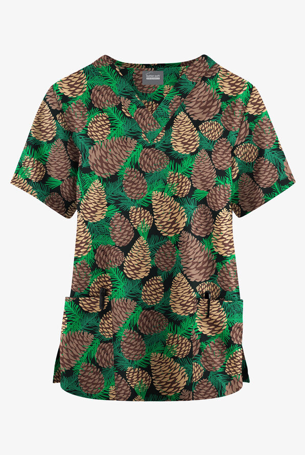 Butter-Soft Originals Winter Pine Cones Women's 2-Pocket Classic Fit V-Neck Print Scrub Top - null - 1