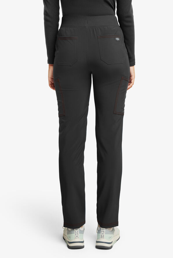 Dickies Riveting Women's 6-Pocket STRETCH Rib-Knit Waist Contrast Stitching Cargo Scrub Pants - Black - 2