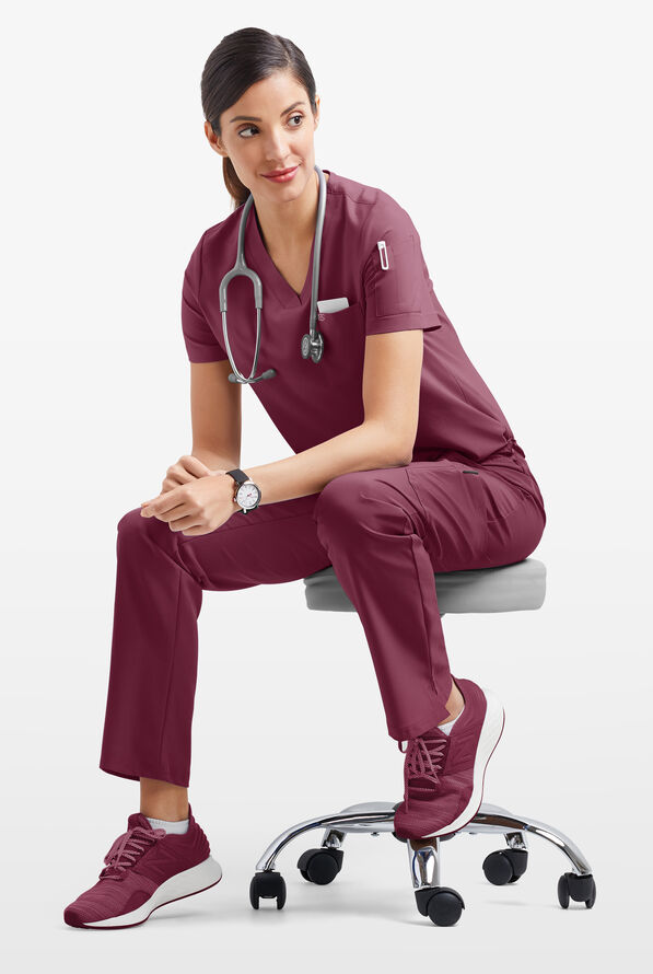 Easy STRETCH Chloe Women's 3-Pocket V-Neck Tuck-In Scrub Top - Wine - 6