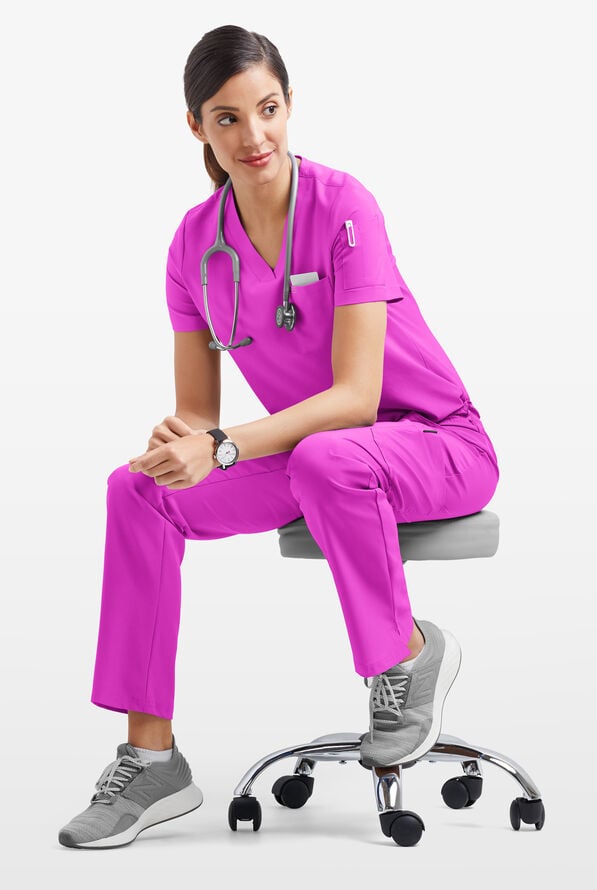 Easy STRETCH Chloe Women's 3-Pocket V-Neck Tuck-In Scrub Top - Electric Fuchsia - 6