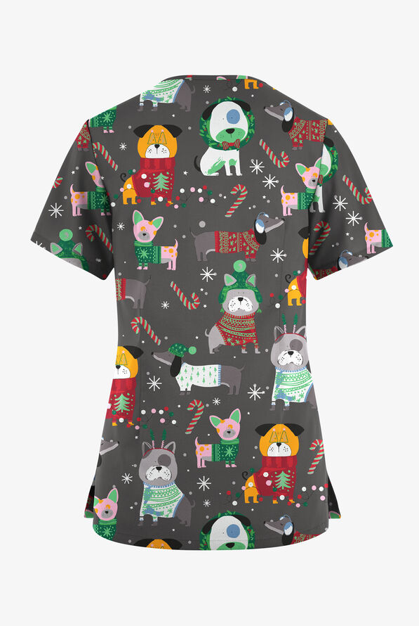 Butter-Soft Originals Cuddly Pups Pewter Women's 7-Pocket Rounded V-Neck Print Scrub Top - null - 2