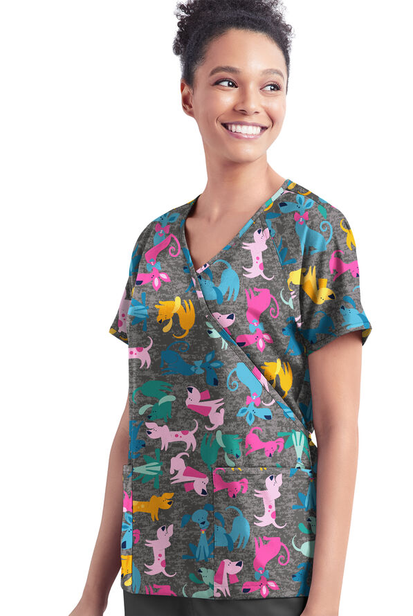 Happy Scrubs Paw Friends Pewter Women's 3-Pocket Mock Wrap With Ties Print Scrub Top - null - 2