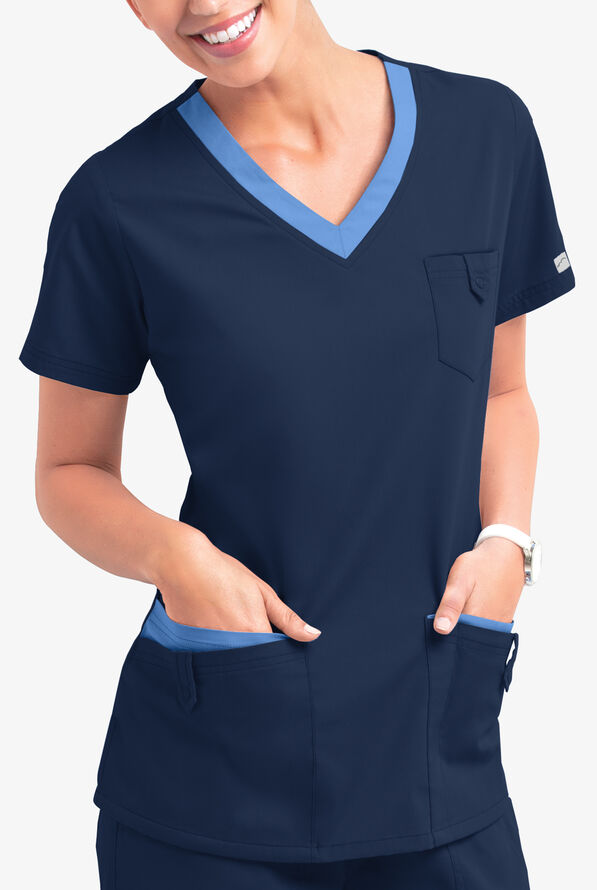 Butter-Soft Core Women's 5-Pocket Rounded V-Neck Scrub Top - Navy/Ceil - 2
