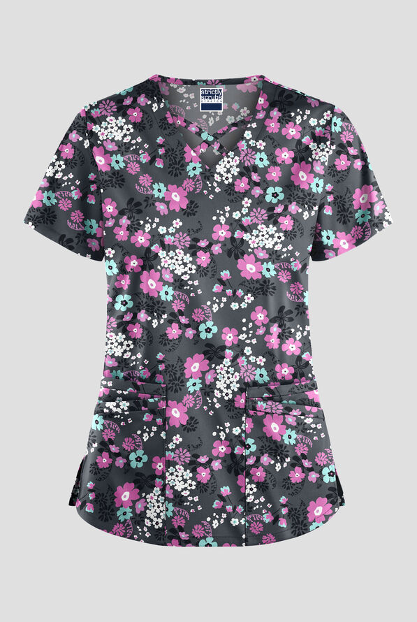 Strictly Scrubs STRETCH Whispering Floral Rosebud Women's 4-Pocket Crisscross Print Scrub Top - null - 1