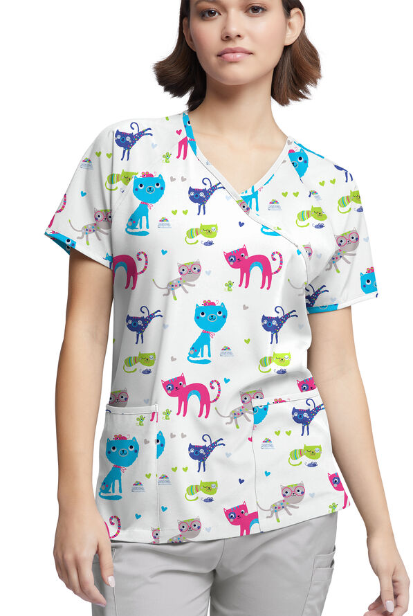 Happy Scrubs Friendship Women's 3-Pocket Raglan Sleeve Mock Wrap Print Scrub Top - null - 2