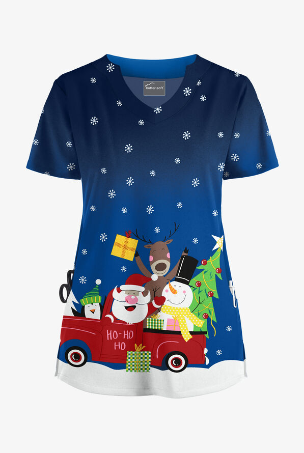 Butter-Soft Santa's Truck Royal Women's 2-Pocket Scallop Neck Print Scrub Top - null - 1