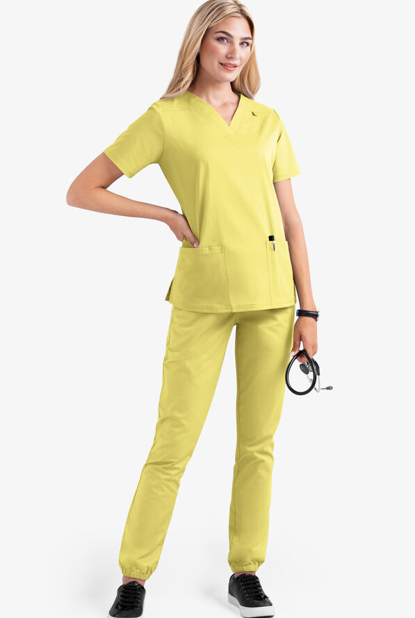Butter-Soft STRETCH Women's 4-Pocket V-Neck Scrub Top - Lemon Sherbet - 2