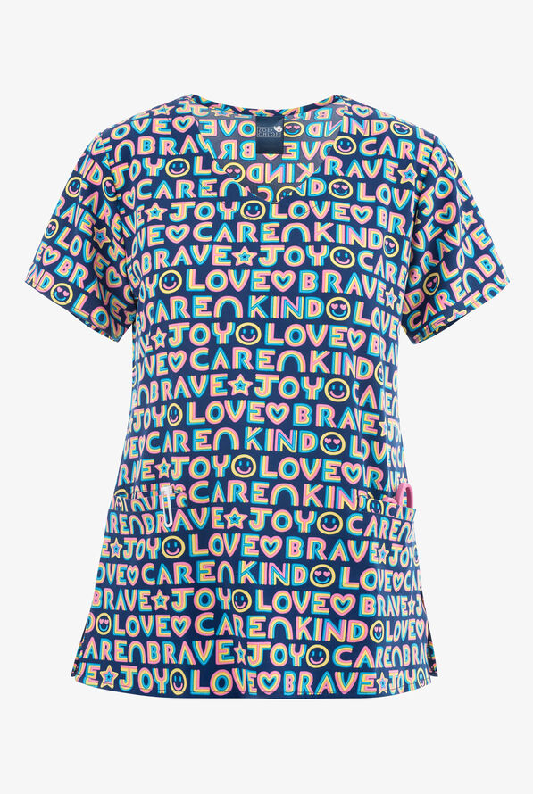 Zoe & Chloe Love Care Joy Women's 2-Pocket STRETCH V-Neck Print Scrub Top - null - 1