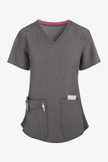Blusa m&eacute;dica Med Couture Touch STRETCH con cuello en V, paneles laterales acanalados, fald&oacute;n camisero y 3 bolsillos para mujer