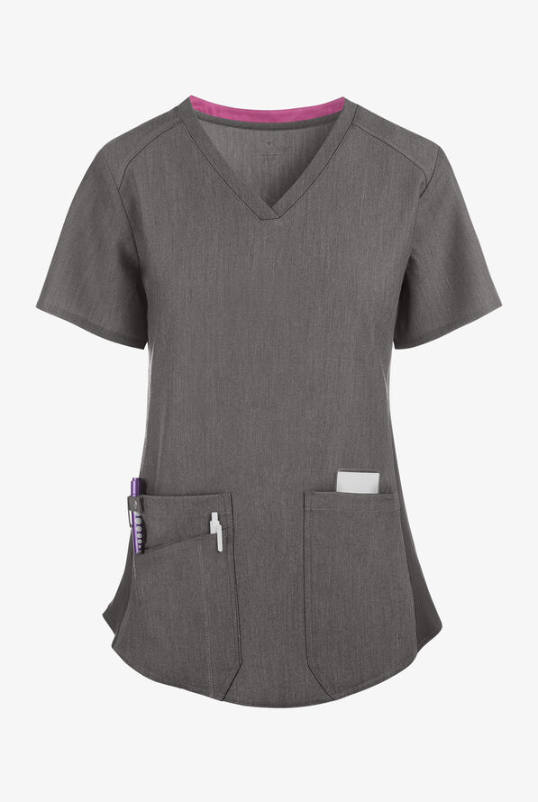 Med Couture Touch Women's 3-Pocket STRETCH Rib-Knit Side Panels Shirttail V- Neck Scrub Top - Slate Heather - 1