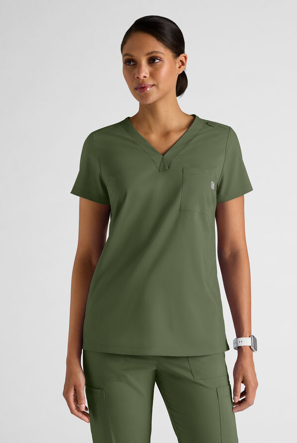 Butter-Soft STRETCH FLXTEK+ Women's 2-Pocket V-Neck Tuck-In Scrub Top - Light Olive - 1