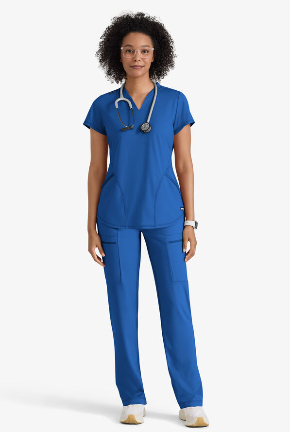 Grey's Anatomy by Barco Knit STRETCH Define Women's 2-Pocket Banded Notched V-Neck Scrub Top - Royal - 3