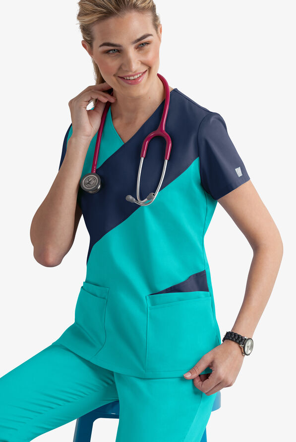 Butter-Soft STRETCH Women's 5-Pocket Asymmetric Scrub Top - Bright Teal/NavyBright Teal/Navy - 2