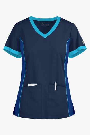 Blusa m&eacute;dica Butter-Soft Core by UA&trade; Color Block con escote en V y 4 bolsillos para mujer