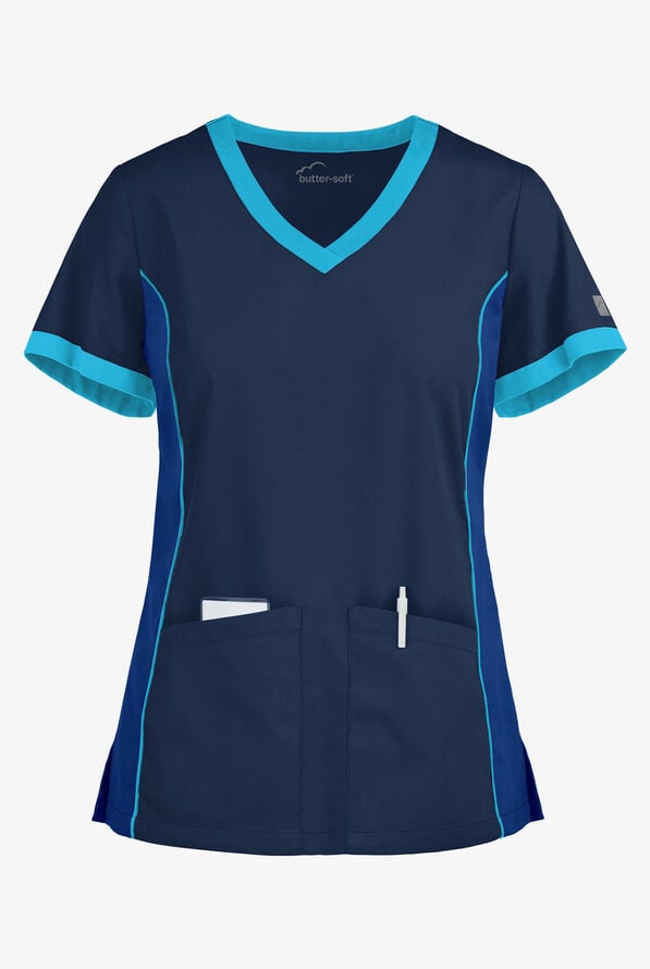 Blusa m&eacute;dica Butter-Soft Core by UA&trade; Color Block con escote en V y 4 bolsillos para mujer - Navy/Galaxy/Turquoise - 1