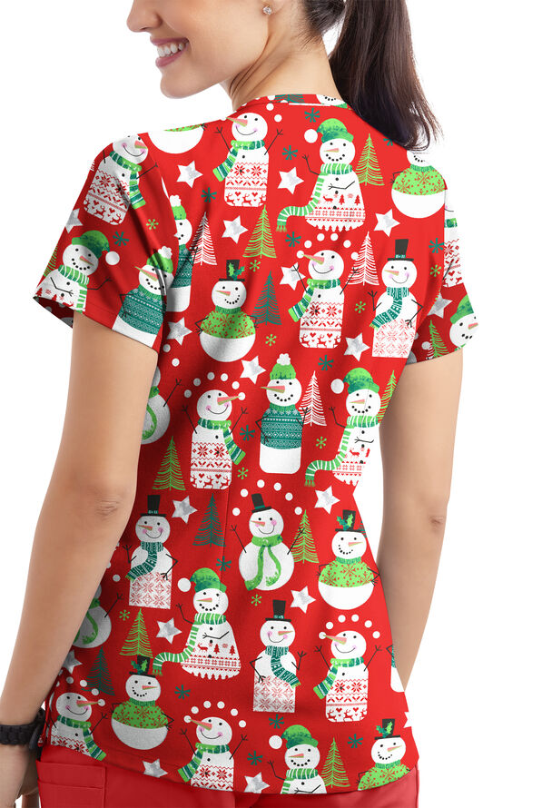 Strictly Scrubs STRETCH Juggling Snowman Red Women's 4-Pocket Rounded V-Neck Print Scrub Top - null - 2