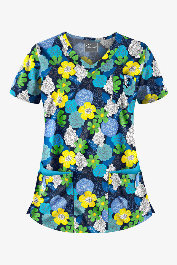 ButterSoft Budapest Floral Navy Women's 5Pocket Rounded VNeck Print Scrub Top, Print Scrubs