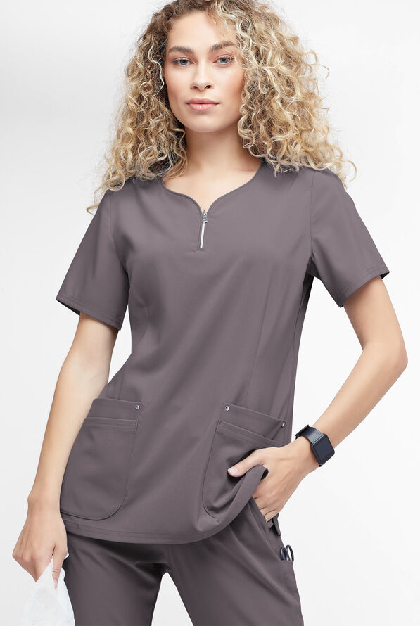 Blusa médica Easy STRETCH Arianna con cuello curvo y 4 bolsillos para mujer - Grey Stone - 2