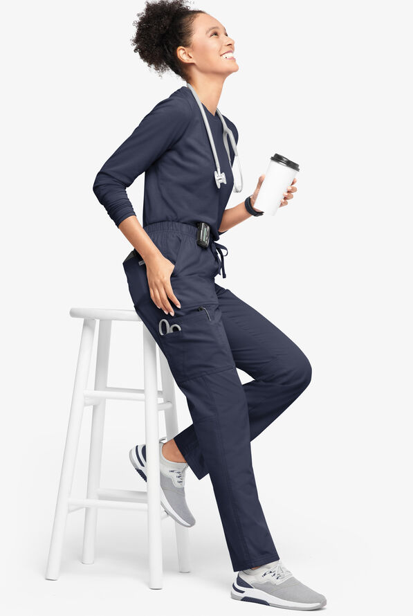 Butter-Soft Originals Women's 7-Pocket Mid Rise Straight Leg Cargo Scrub Pants - Petite - Navy - 4