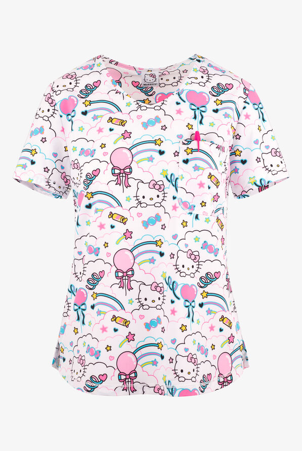 Tooniforms Hello Kitty Yummy Treats Women's 2-Pocket STRETCH V-Neck Print Scrub Top - null - 1
