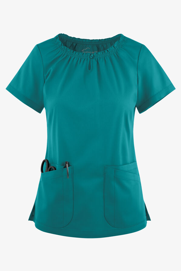 Blusa médica UA Butter-Soft STRETCH estilo campesina con mangas cortas y 6 bolsillos para mujer - Teal - 1