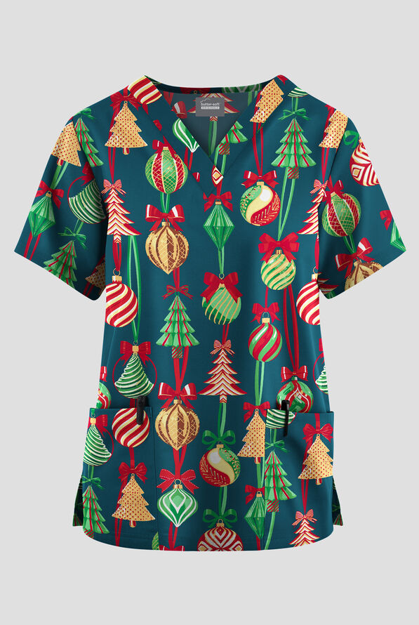 Butter-Soft Originals Ornament Cheer Caribbean Blue Women's 2-Pocket V-Neck Print Scrub Top - null - 1