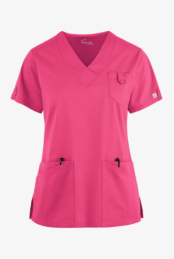 Blusa m&eacute;dica Butter-Soft STRETCH con cuello en V y 6 bolsillos para mujer - Fuchsia - 1