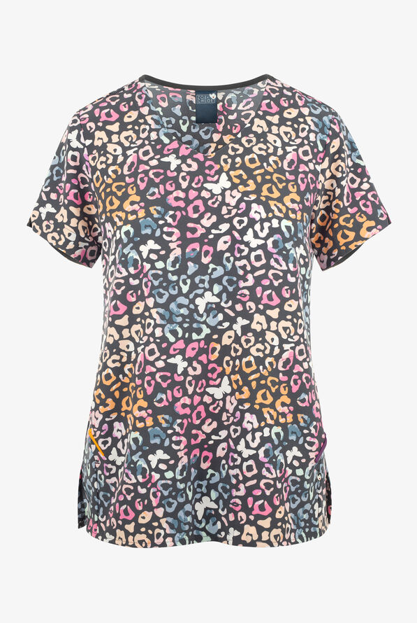 Zoe & Chloe Cattitude Animal Women's 2-Pocket STRETCH V-Neck Tie-Back Print Scrub Top - null - 1