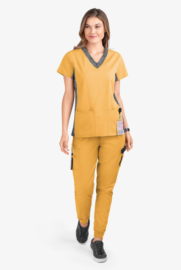 Butter-Soft STRETCH Women's 3-Pocket Contrast Scrub Top - Apricot Sunset/Silver Melange - 2