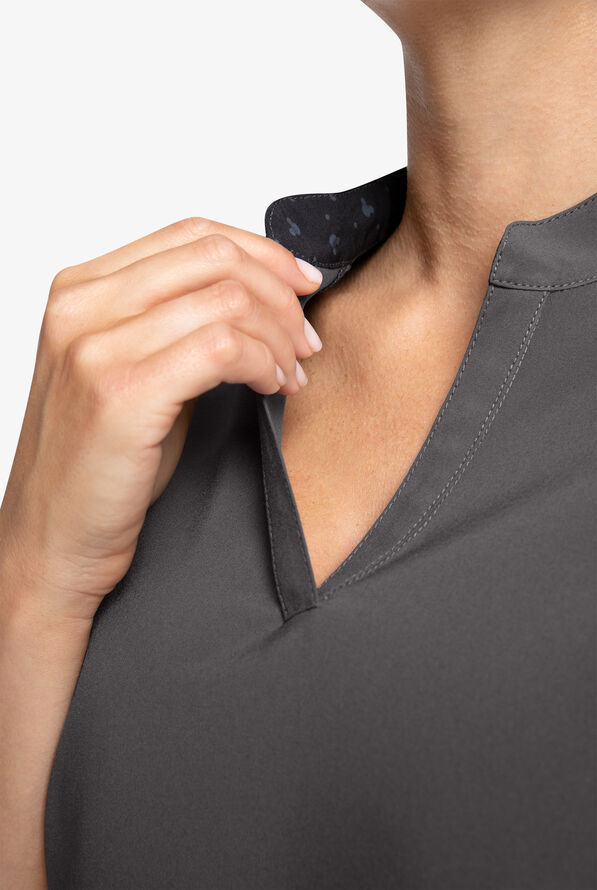 Cherokee Infinity Women's 2-Pocket STRETCH Mickey Laser Cut Mandarin Collar V-Neck Scrub Top - Pewter/Black - 3