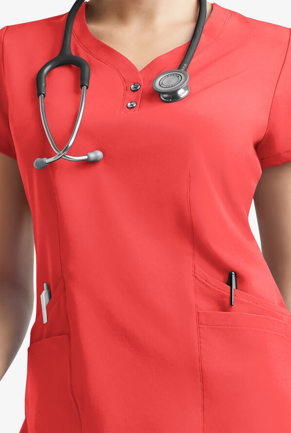 Easy STRETCH Demi Women's 4-Pocket Henley Scrub Top - Radiant Red - 4