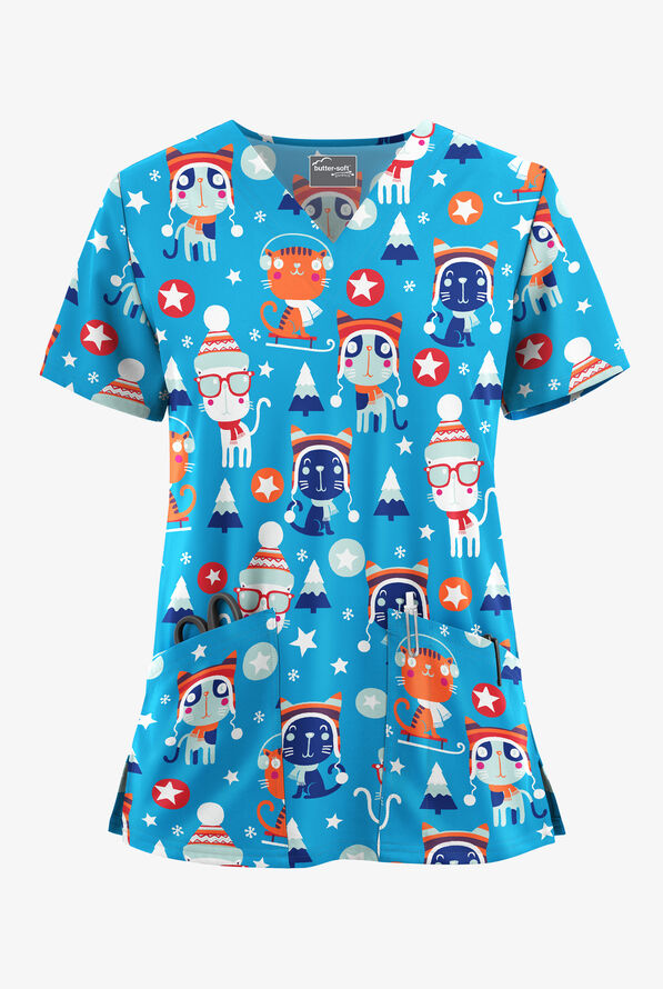 Butter-Soft STRETCH Christmas Kitties Turquoise Women's 2-Pocket V-Neck Print Scrub Top - null - 1