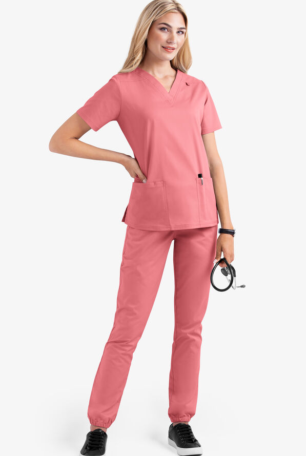 Butter-Soft STRETCH Women's 4-Pocket V-Neck Scrub Top - Guava Fizz - 2