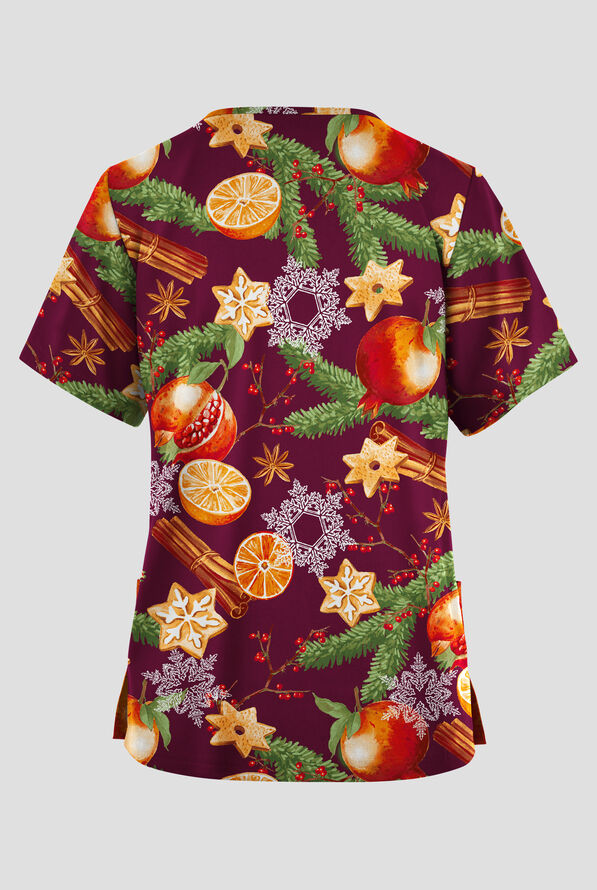 Blusa médica estampada Butter-soft Originals Christmas Spice Wine con cuello en V y 2 bolsillos para mujer - null - 2