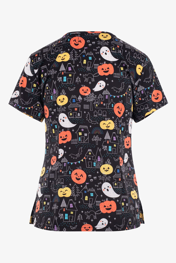 koi Basics Haunted Night Halloween Women's 2-Pocket STRETCH V-Neck Print Scrub Top - null - 2